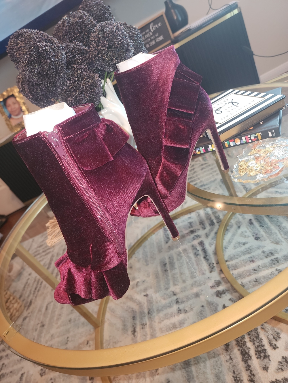 Velvet Ruffle Stiletto Ankle Boots in Burgundy